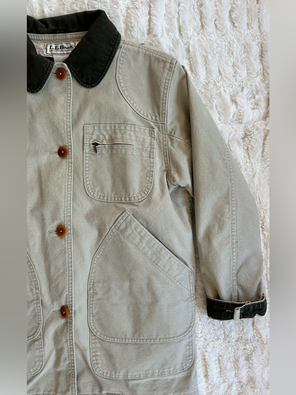 Made in USA LL Bean Vintage Chore Coat Barn Jacket Beige S - Picture 5 of 13